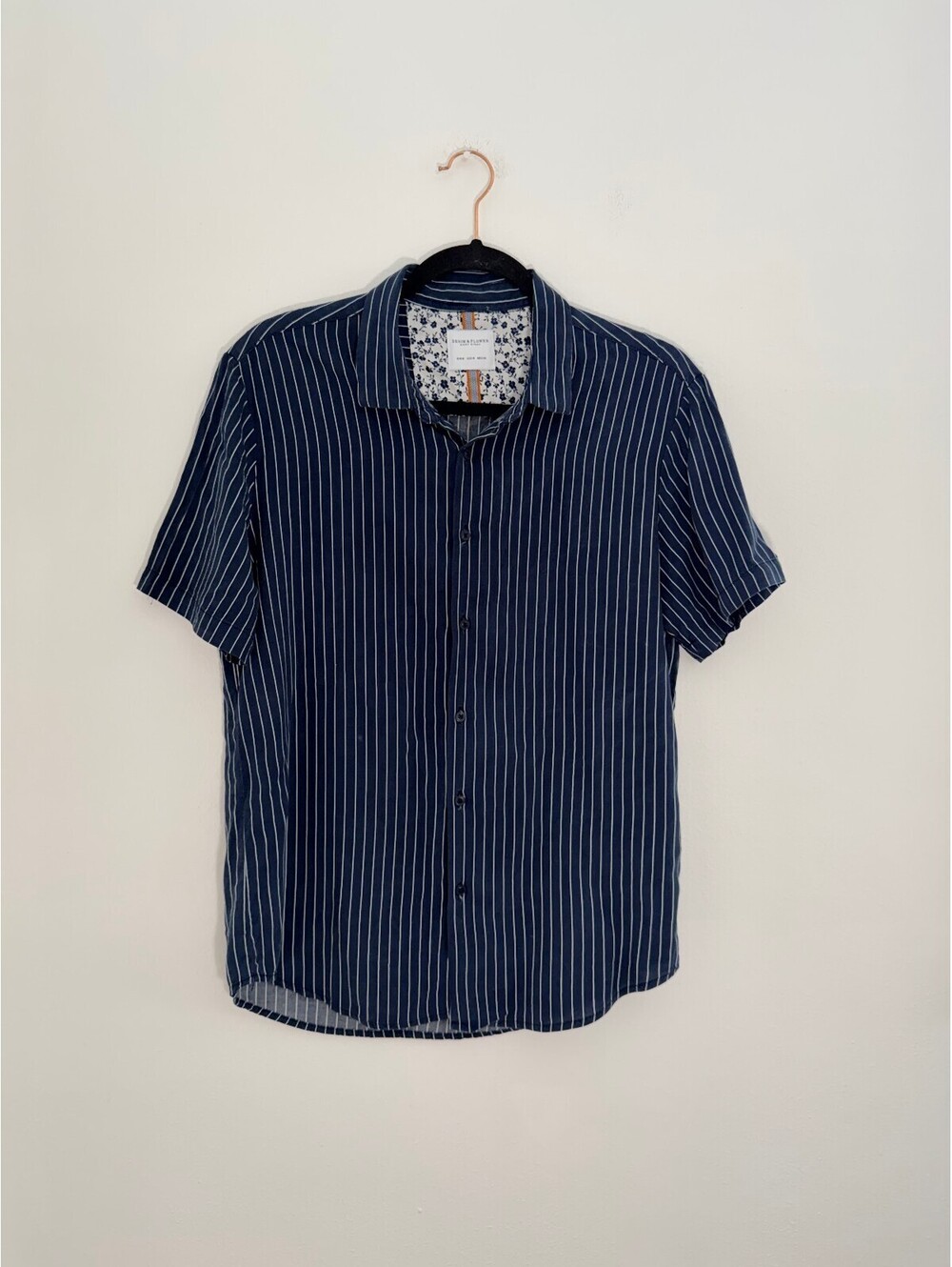 Denim & Flower Ricky Singh Navy White Stripe Short Sleeve Button Up Shirt M